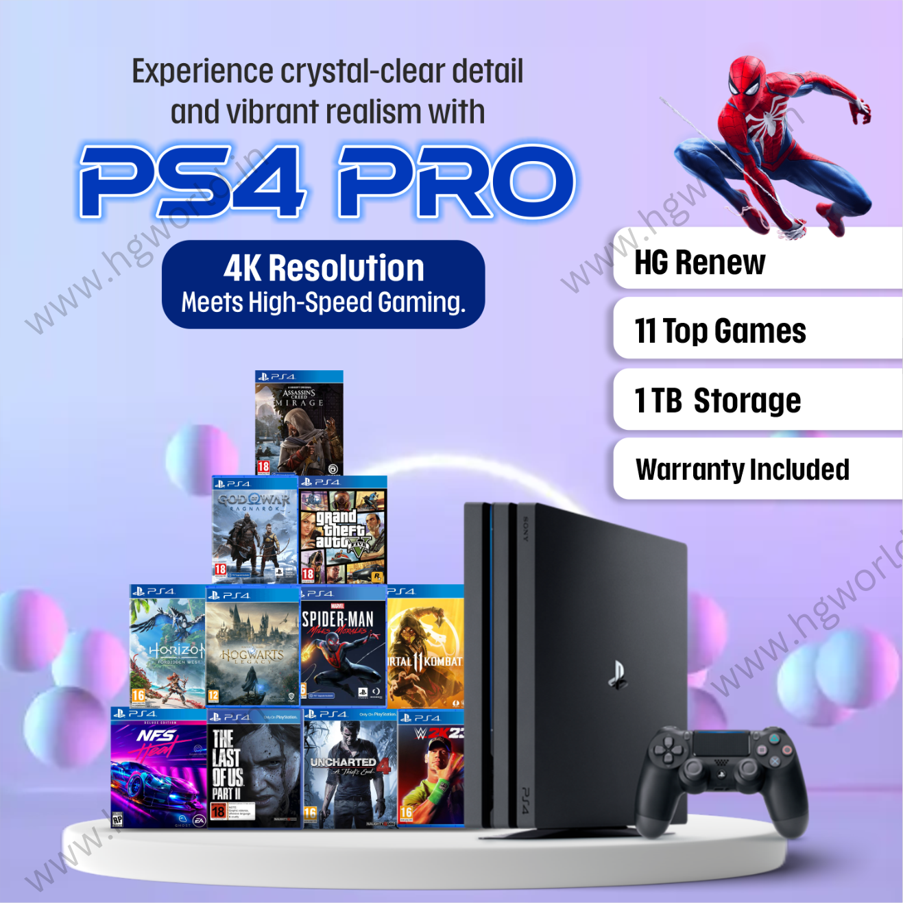 HGReNew | Sony PlayStation 4 | PS4 Pro | 1 TB (1000 GB) Gaming Console | 12  Best Games Bundle| Warranty Included | Fast Delivery