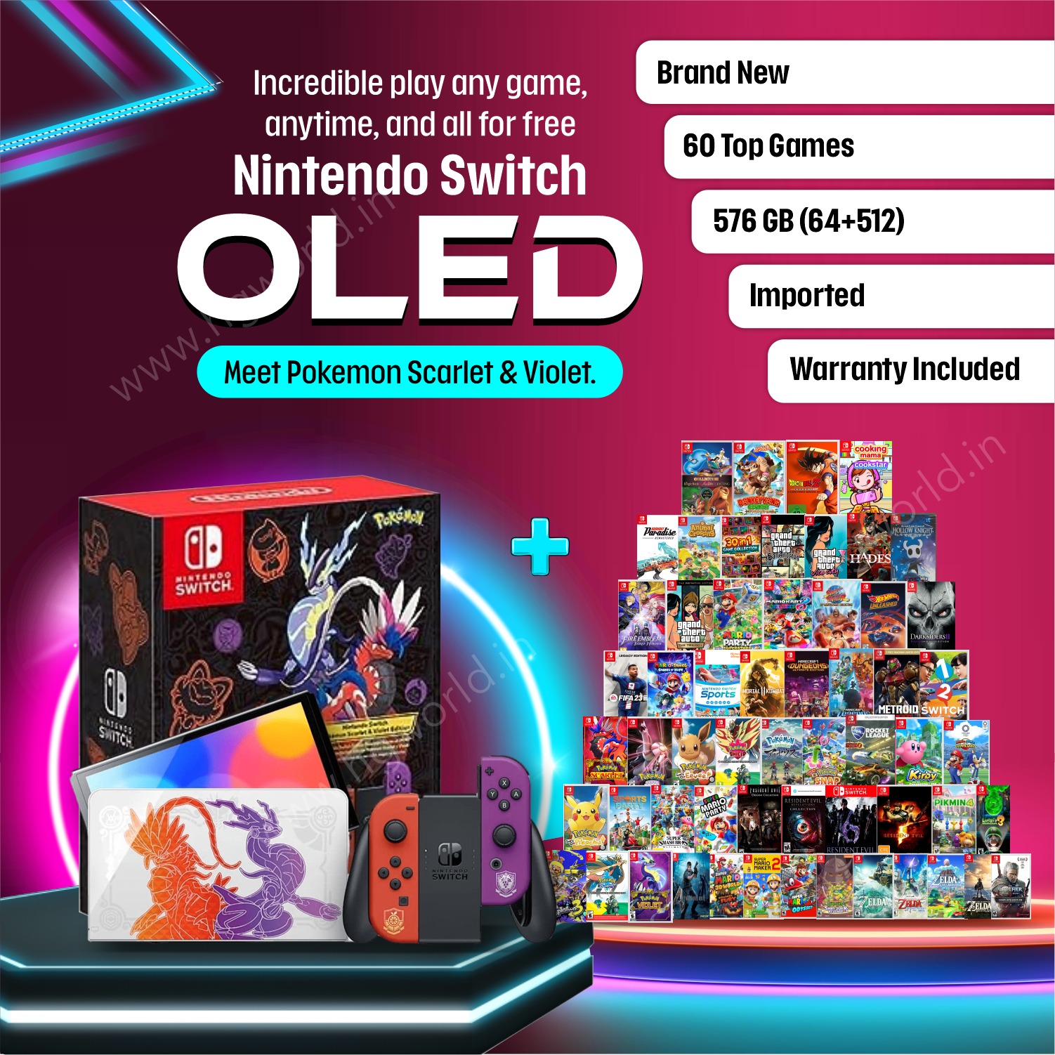 Brand New NINTENDO Switch Oled | 60+ Best Games Bundle | 576 GB  Internal(64+512) | Pokemon Scarlet and Violet Edition | Handheld Portable  Gaming 