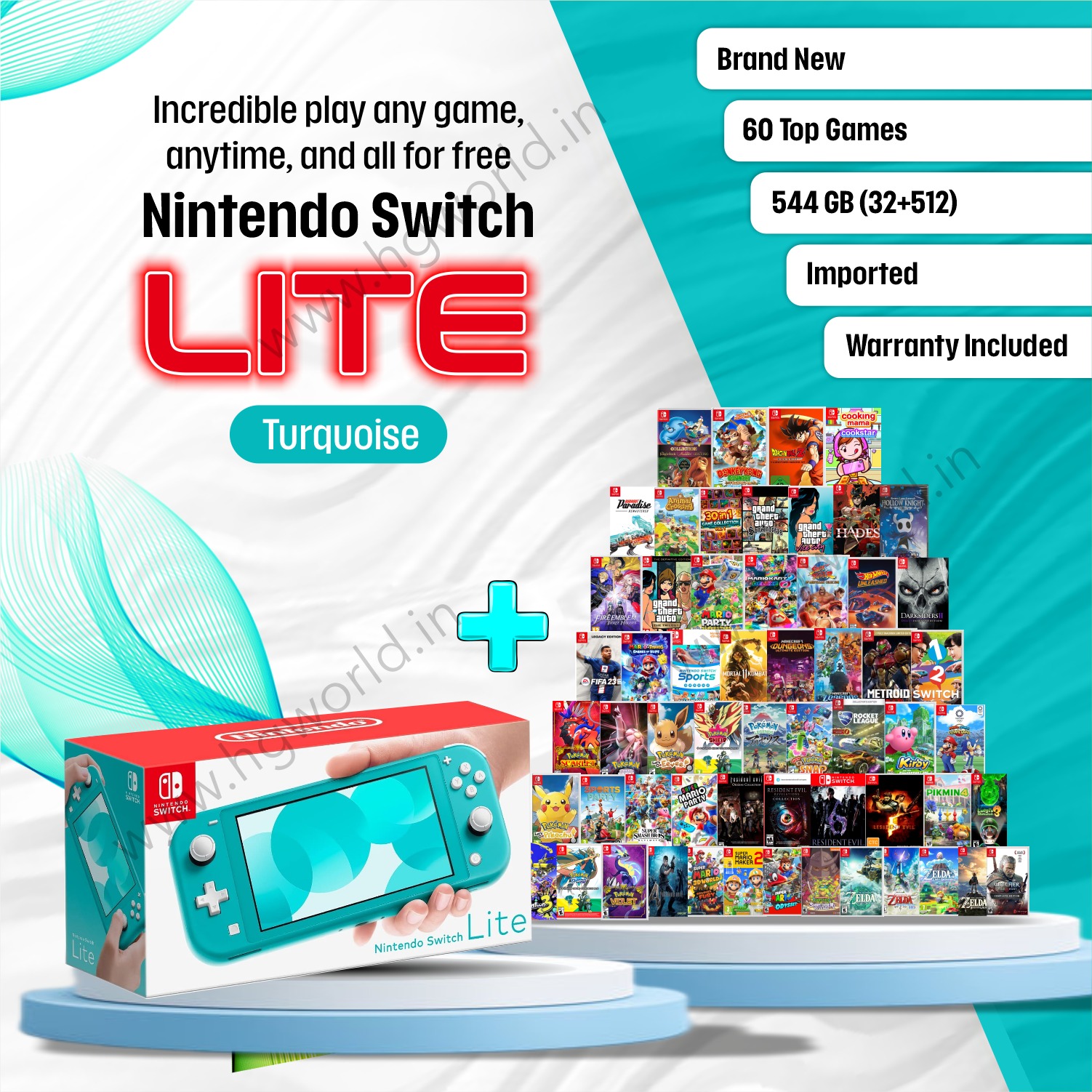 Brand New NINTENDO Switch Lite | 60+ Top Games Free | 544 GB  Internal(32+512) | Turquoise Edition | Handheld Portable Gaming Console |  All Standard 