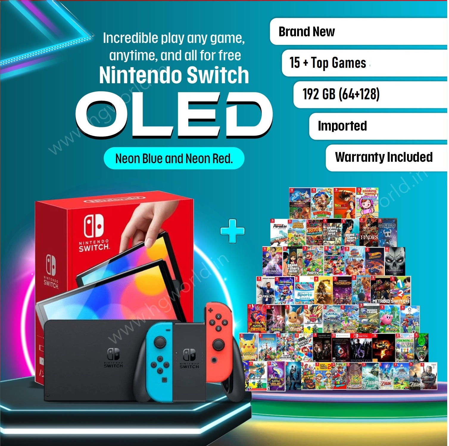 Brand New NINTENDO Switch Oled | 15+ Best Games Bundle | 192 GB  Internal(64+128) | Neon Blue & Red Edition | Handheld Portable Gaming  Console | All 