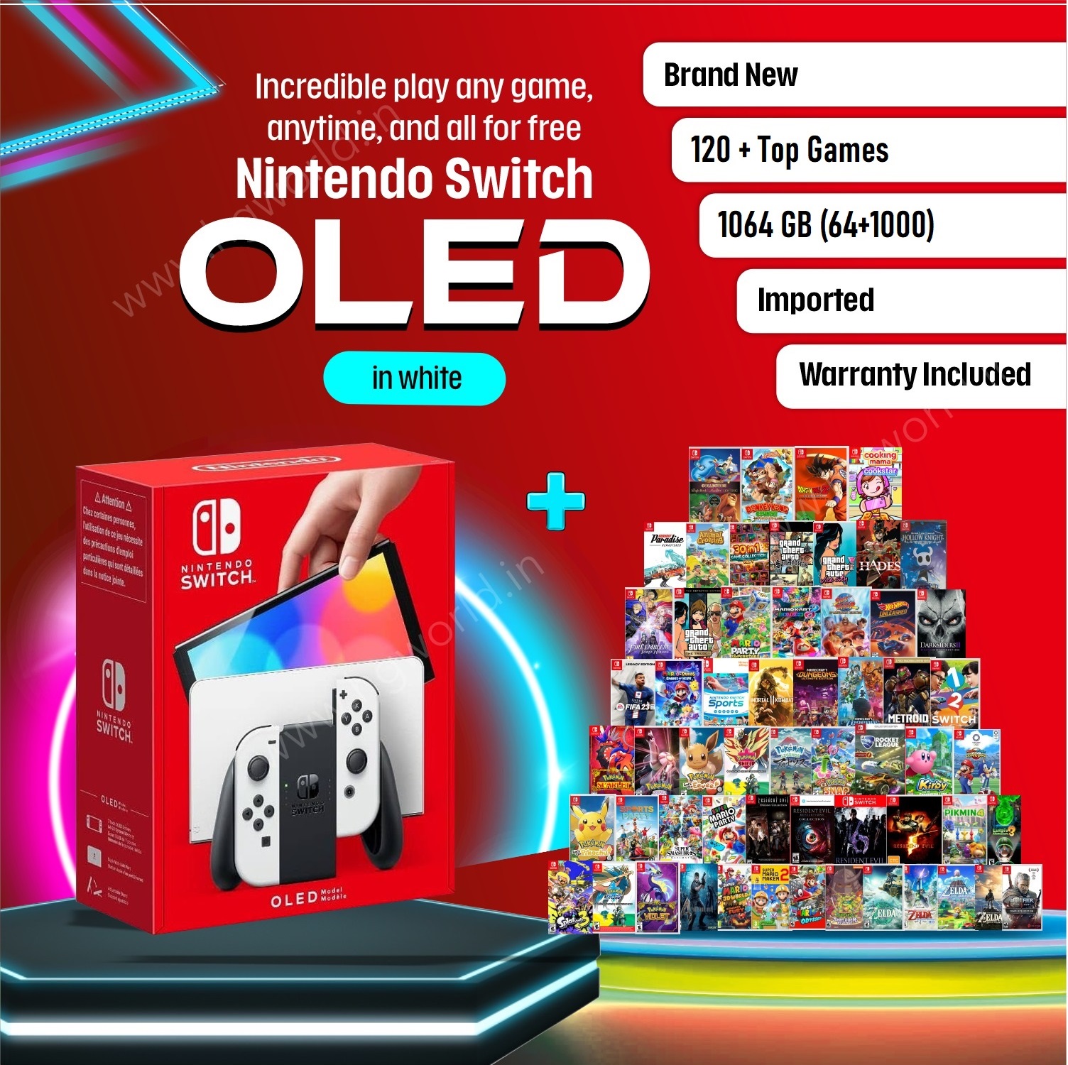 NINTENDO Switch Oled | 120+ Top Games Free | 1064 GB Internal(64+1000) |  Handheld Portable Gaming Console | All Standard Accessories | Warranty 